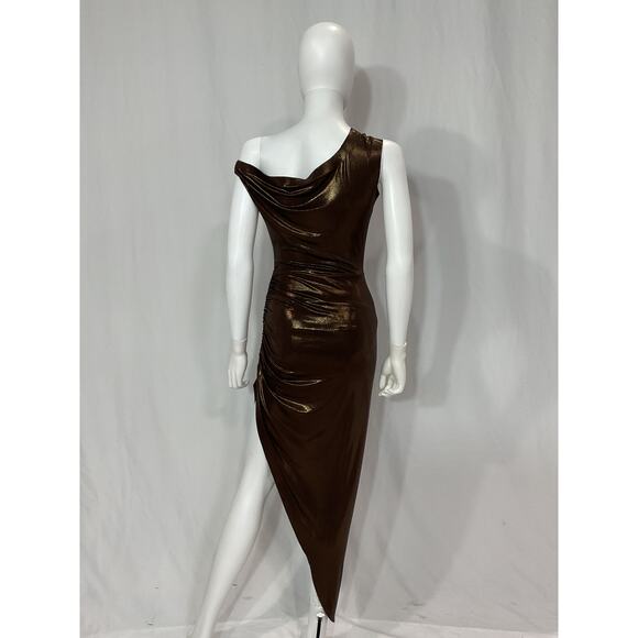 Norma Kamali Brown Drop Off Shoulder Side Drape Hi Lo Gown Size XS - Picture 3 of 5
